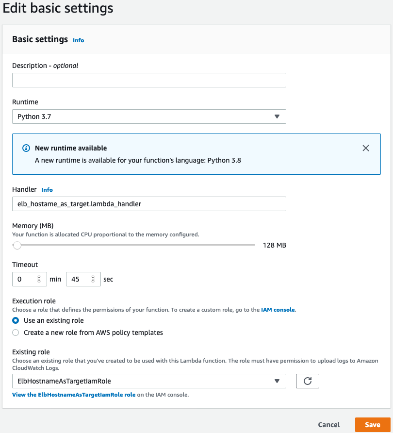 AWS Lambda basic settings edit console