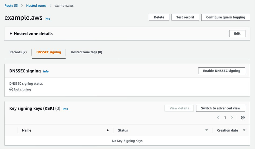 Route 53 dashboard to enable DNSSEC signing