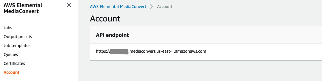 Screen shot showing MediaConvert API endpoint in us-east1, in MediaConvert console.