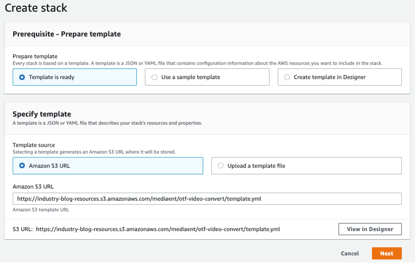 Screen Shot showing AWS CloudFromation Console's First step, Create Stack image.