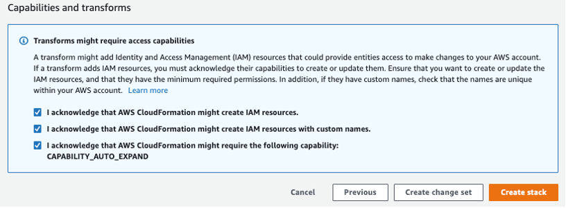 Screen Shot shows AWS CloudFromation Console's step 4, acknowledge configuration, and click create stack.