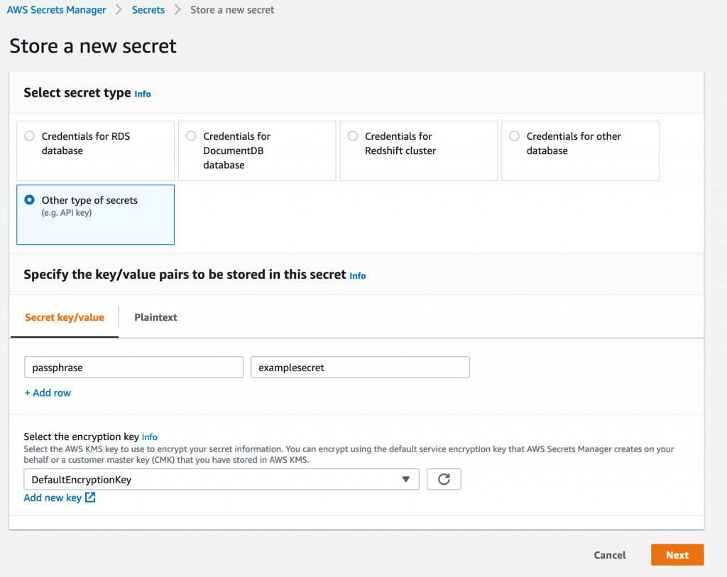 Store a new secret in AWS Secrets Manager