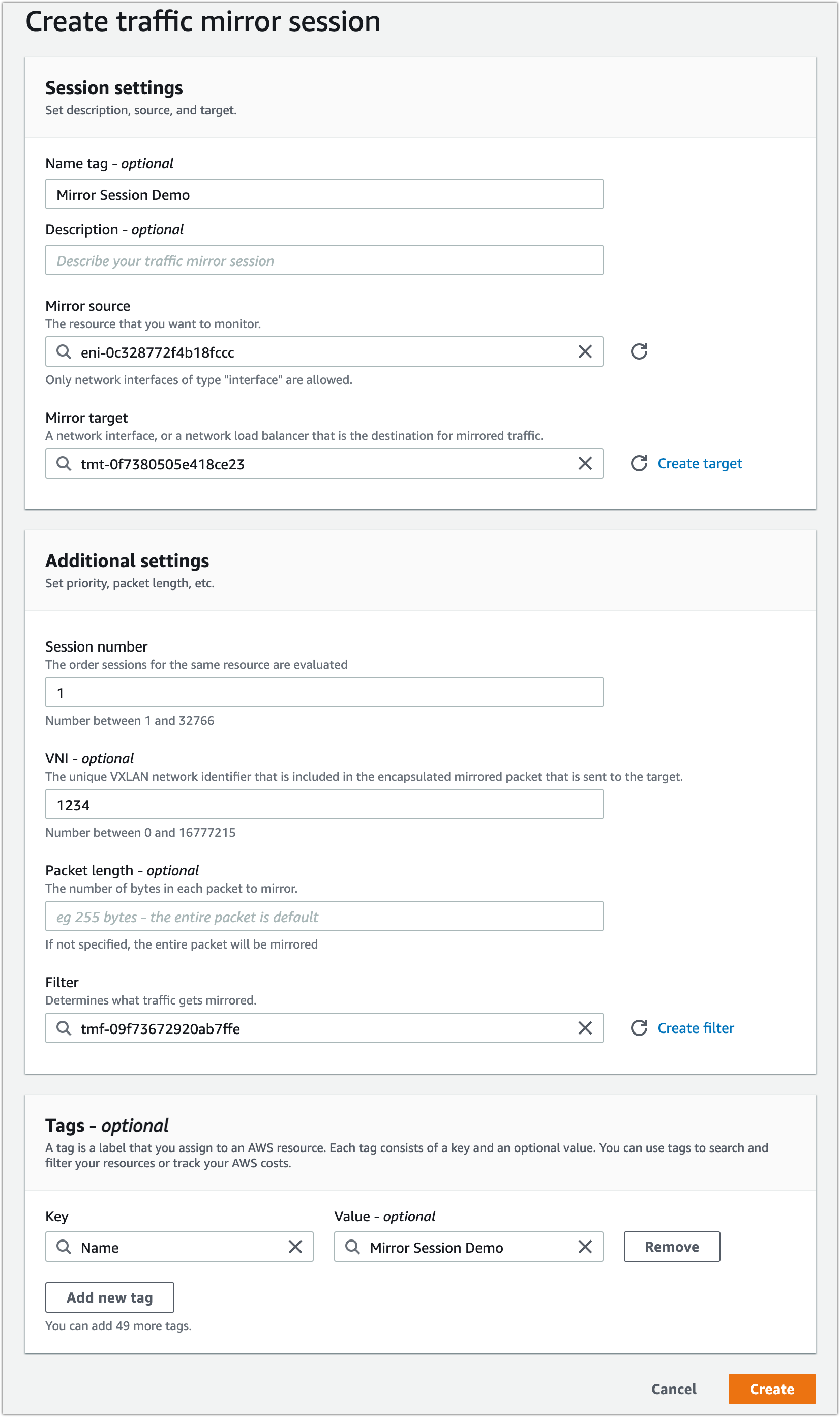 Create a traffic mirror session in the AWS Management Console.