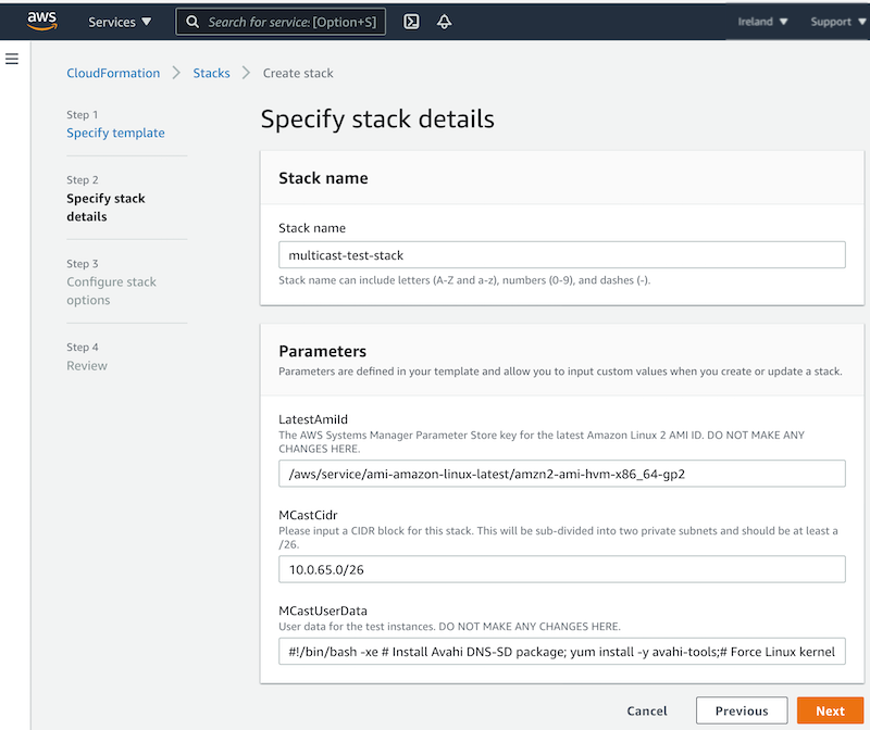 Screenshot of the CloudFormation console showing example stack details