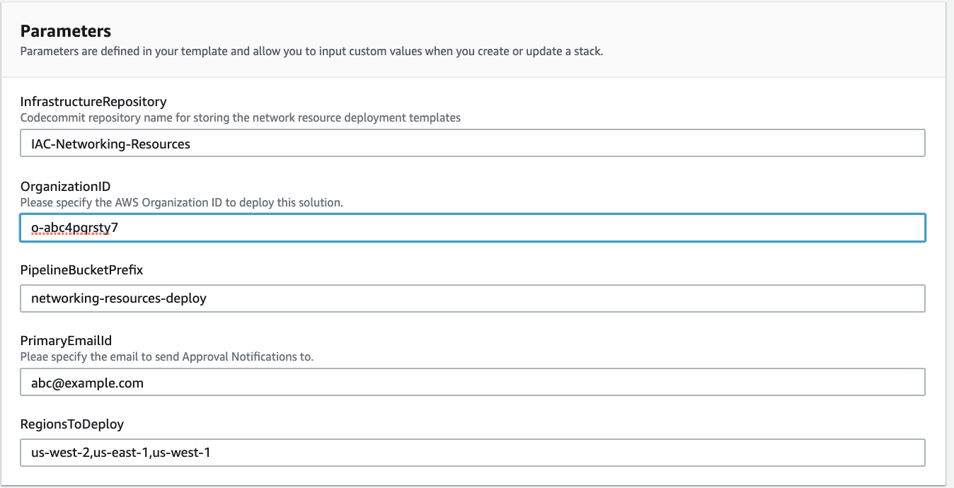 An example of parameters for cloudformation template that provisions a pipeline to manage networking resources in a multi-region, multi-account setup.