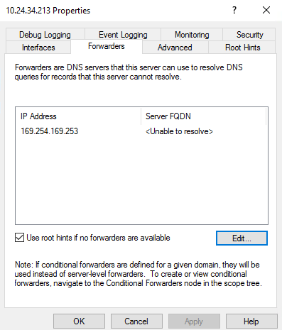 Right click on the server node and select Properties. Go to the Forwarders Tab and Click Edit