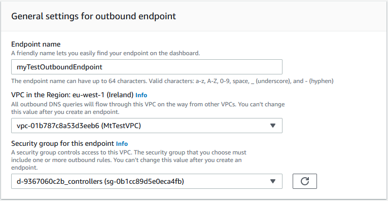 Figure 5: First portion of the New Outbound Endpoint wizard showing the endpoint’s name, VPC ID and associated security group.