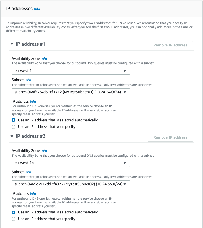 Figure 6: Second portion of the New Outbound Endpoint wizard showing two IP addresses deployed in two different subnets.