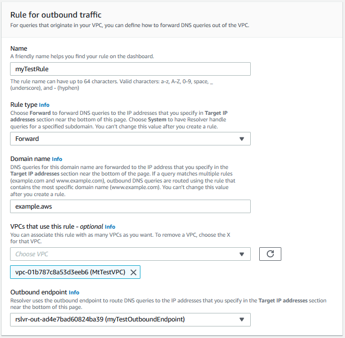 Figure 7: first portion of the New Rule wizard showing the rule’s name, type, target domain, VPCs and associated endpoint.