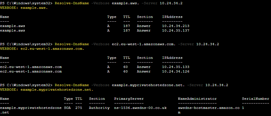 Figure 9: a screenshot of a DNS query showing a response from the Route 53 Resolver Endpoint.