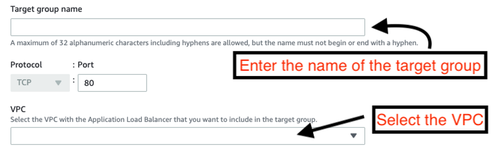 Specify target group name and select VPC