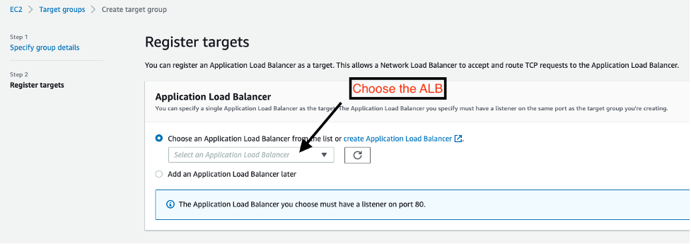 Select the Application Load Balancer to register