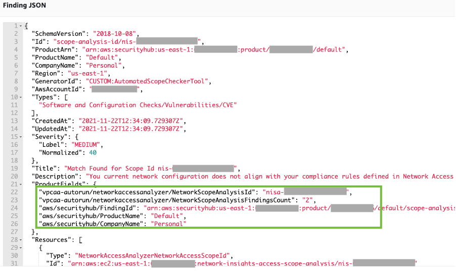 Output from Security Hub finding generated by the solution providing details on NetworkScopeAnalysisId and NetworkScopeAnalysisFindingsCount 