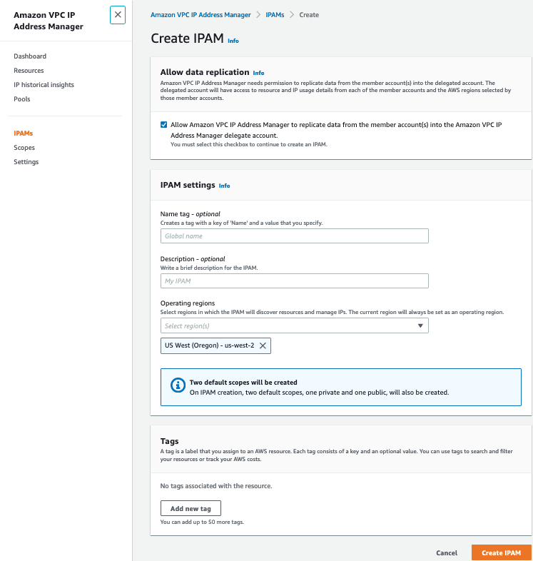 Figure 3: AWS IPAM Console user interface for Create IPAM