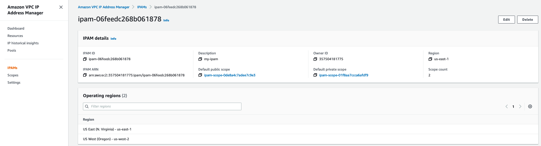 Figure 4: AWS Console user interface showing IPAM instance