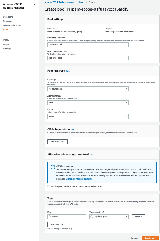 Figure 5: AWS Console user interface for IPAM Pool creation