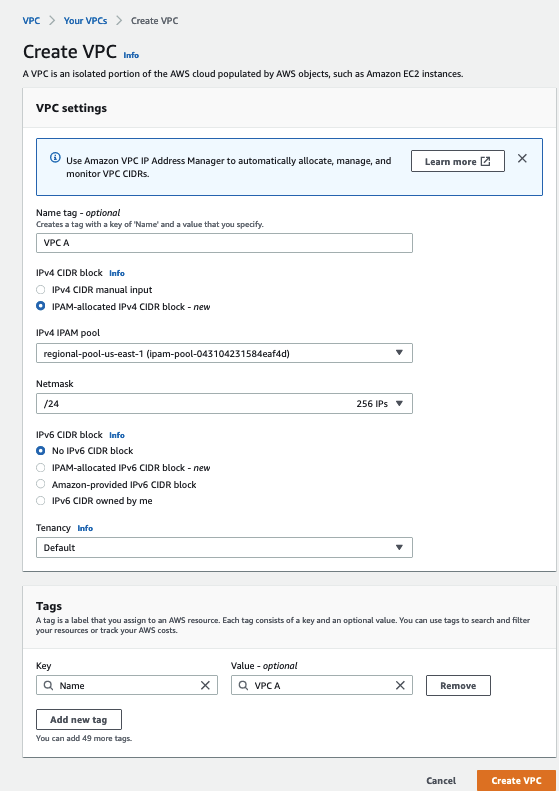 Figure 11: AWS Console user interface for VPC creation using IPAM