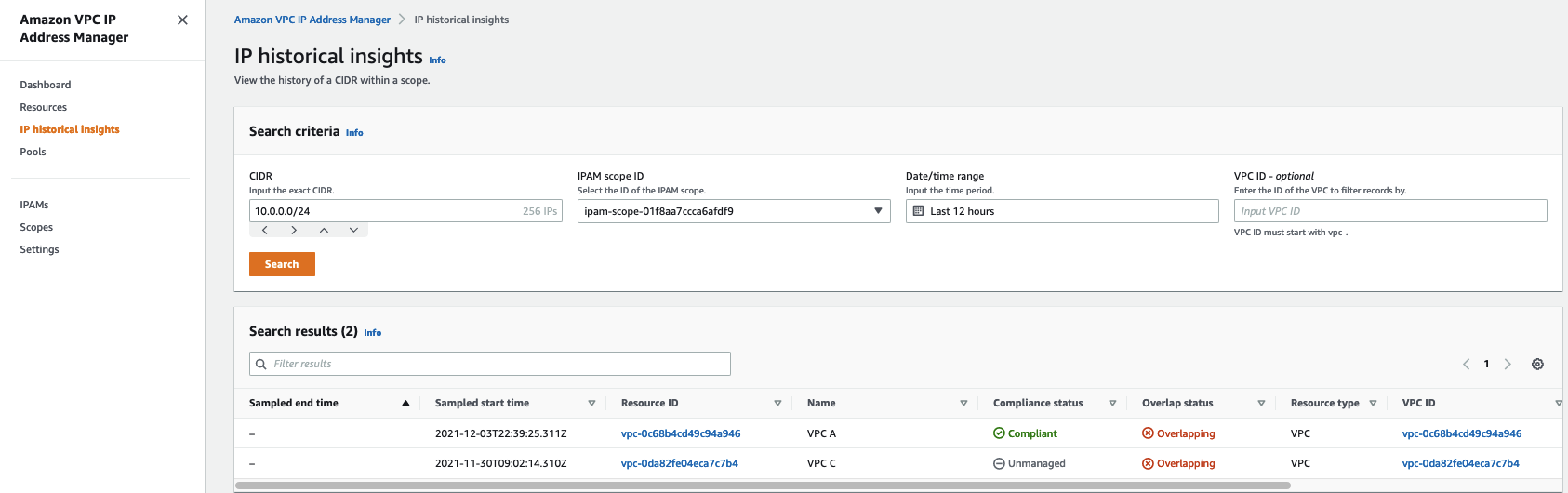 Figure 17: AWS Console user interface for IPAM – IP historical insights