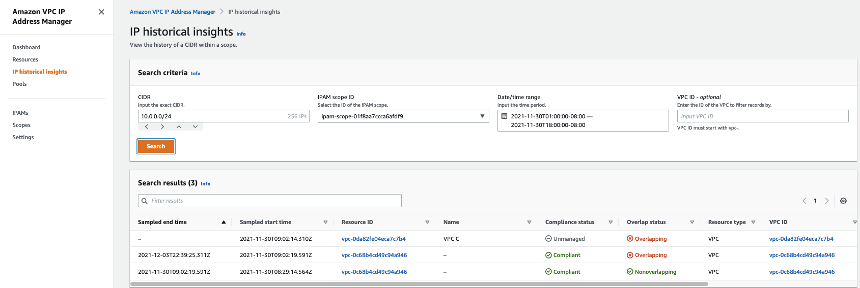 Figure 18: AWS Console user interface for IPAM – IP historical insights
