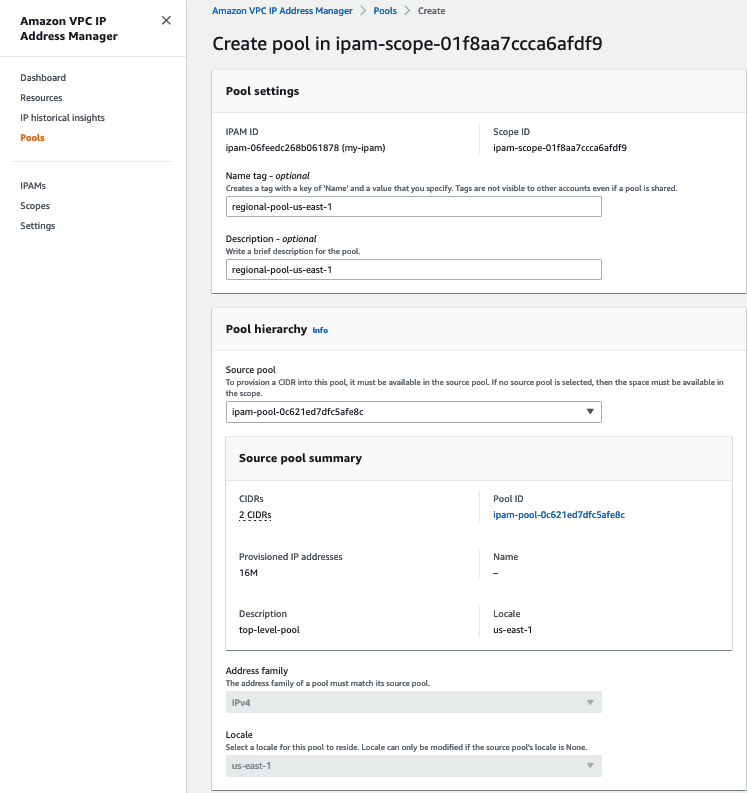 Figure 7: AWS Console user interface for IPAM Pool creation for regional pool