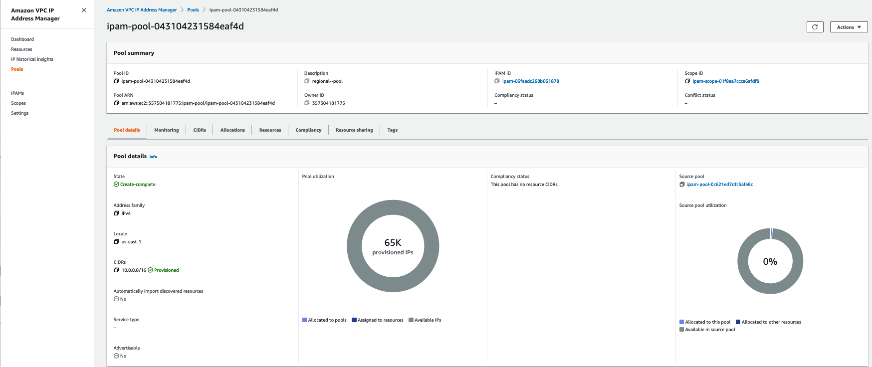Figure 10: AWS Console user interface for IPAM Pool details