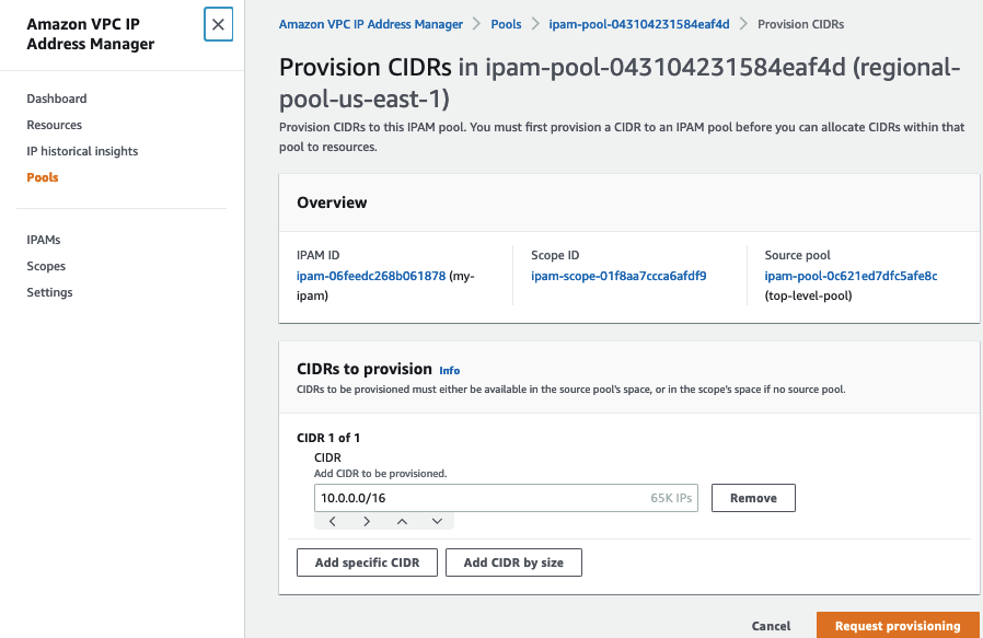 Figure 9: AWS Console user interface for IPAM Pool CIDR provisioning for regional pool
