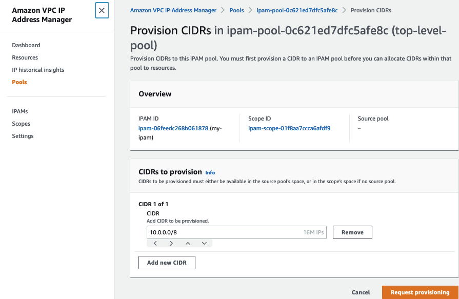 Figure 8: AWS Console user interface for CIDR provisioning for IPAM Pool 