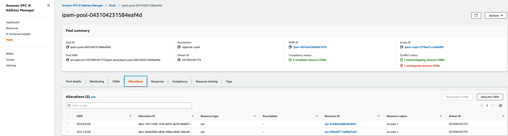Figure 15: AWS Console user interface for IPAM pool allocations