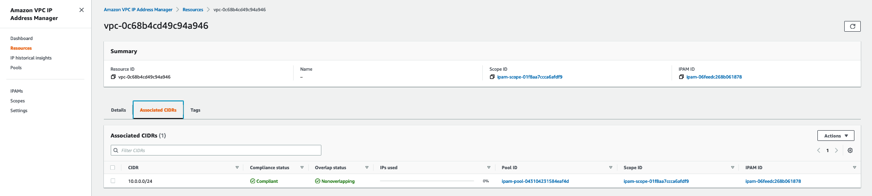 Figure 12: AWS Console user interface for VPC resource status within IPAM