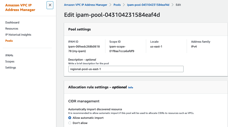 Figure 13: AWS Console user interface for IPAM Pool – activating automatic import