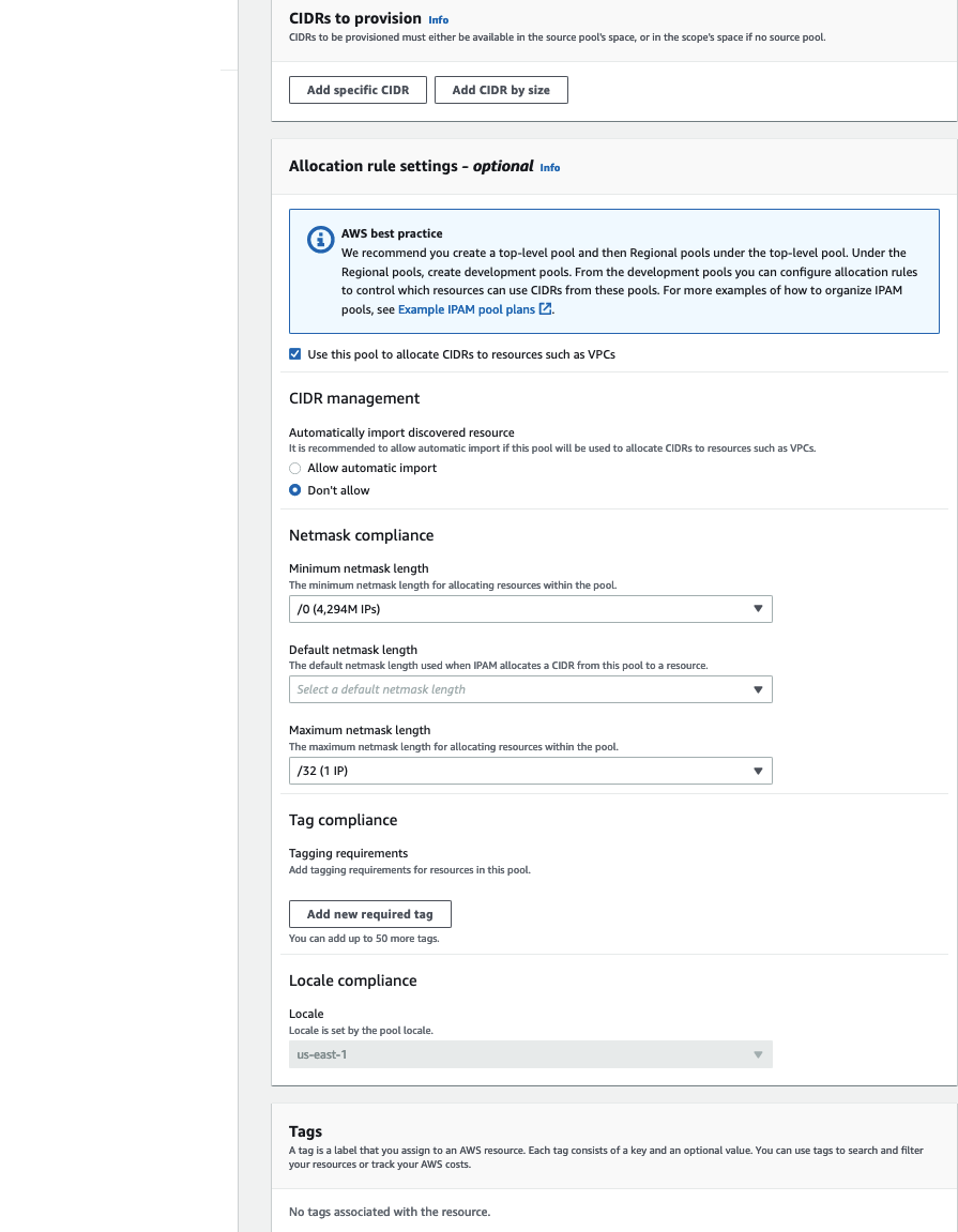 Figure 7: AWS Console user interface for IPAM Pool creation for regional pool