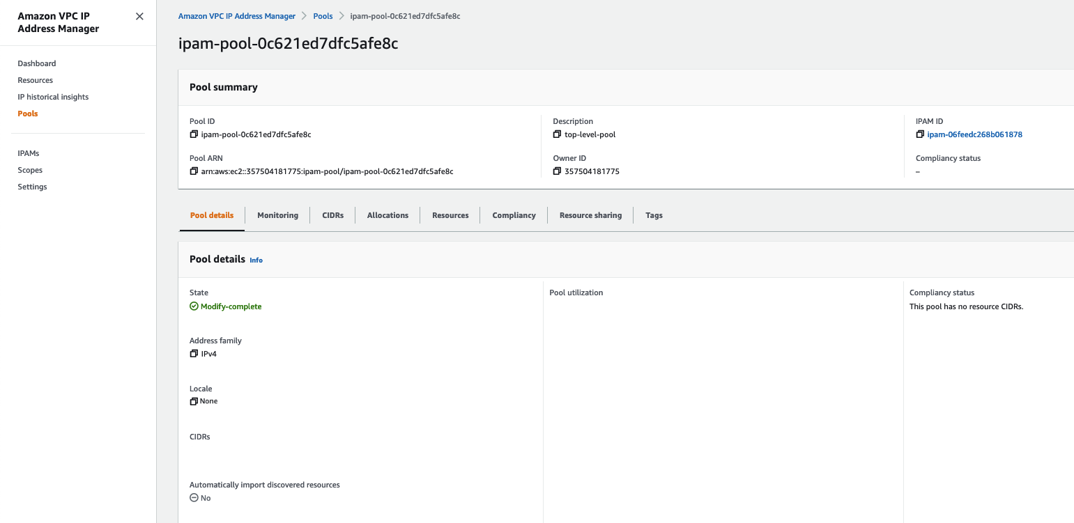 Figure 6: AWS console user interface for IPAM Pool