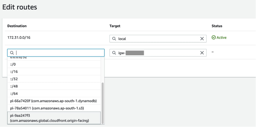 Screenshot of VPC routes table