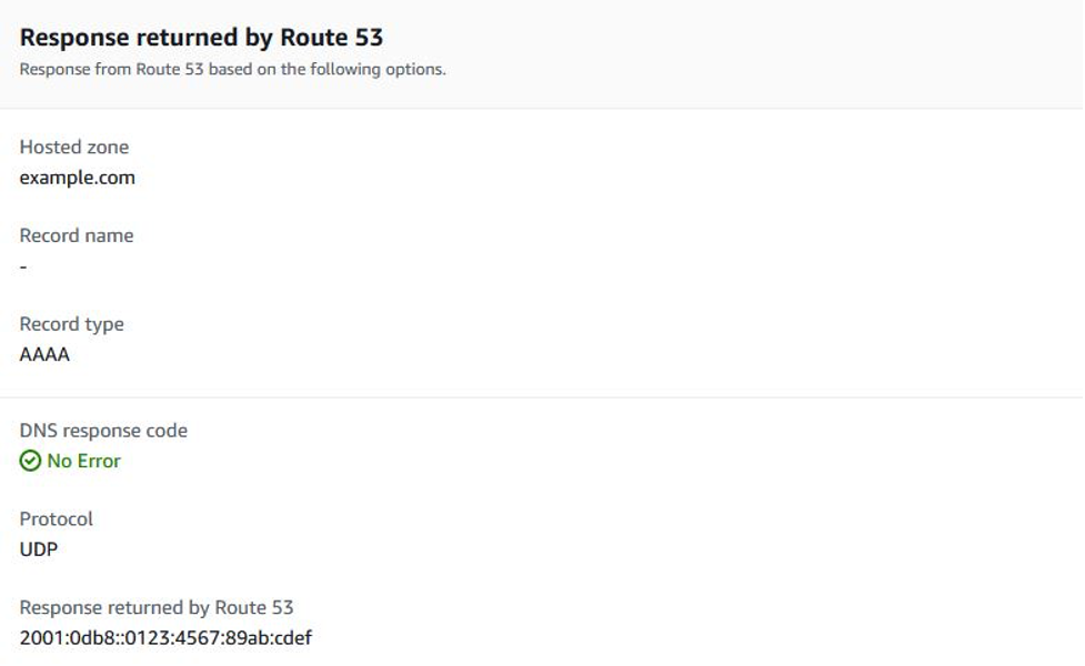 The response shown by the Route 53 test record tool