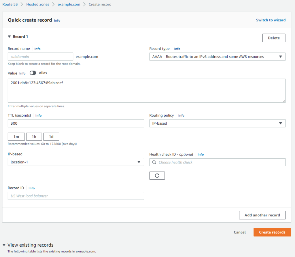 Route 53 console view when creating a resource record with IP-based routing