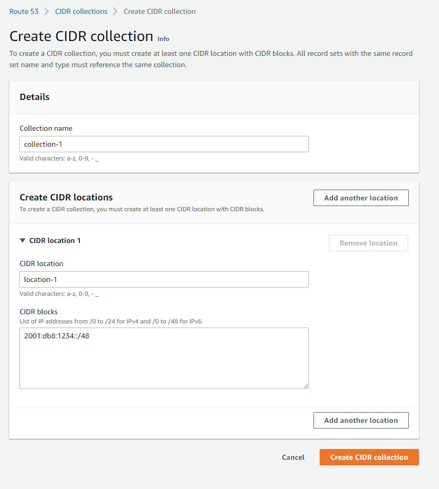 Route 53 console view when creating a CIDR collection