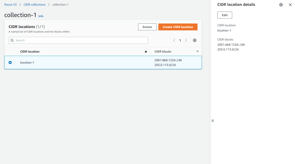 Route 53 console displaying one location within a CIDR collection