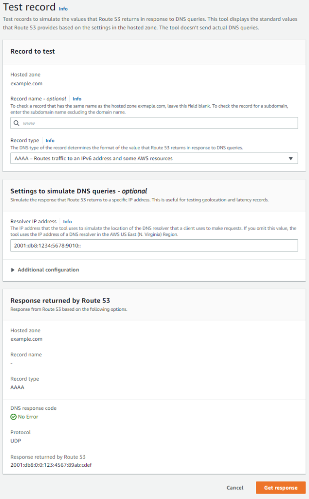 Display of the Route 53 test record tool