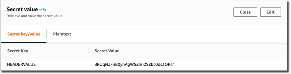 Snapshot of Secrets Manager Console showing Secret Key and Value