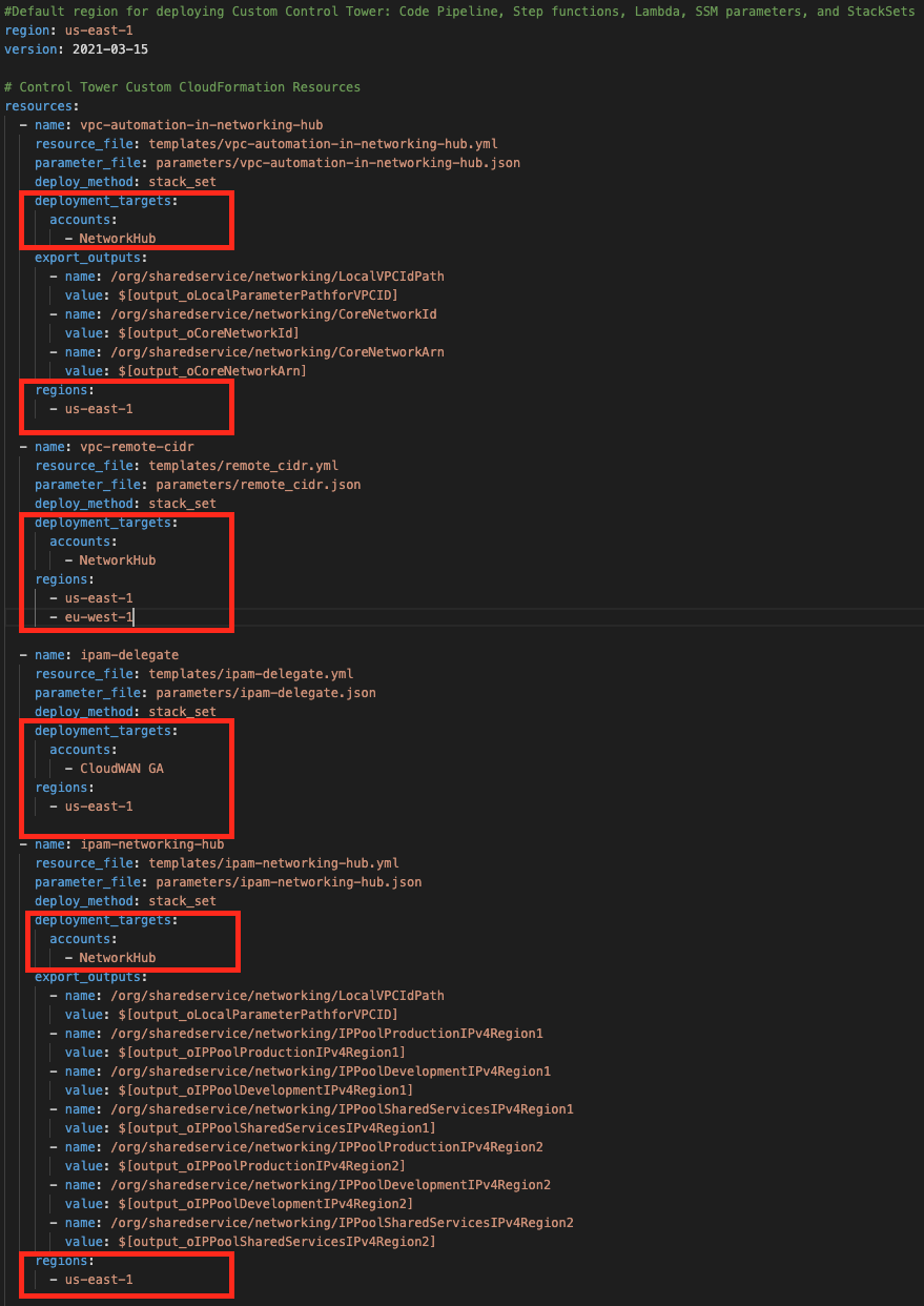 A manifest file showing the deployment targets, accounts, and regions of deployment