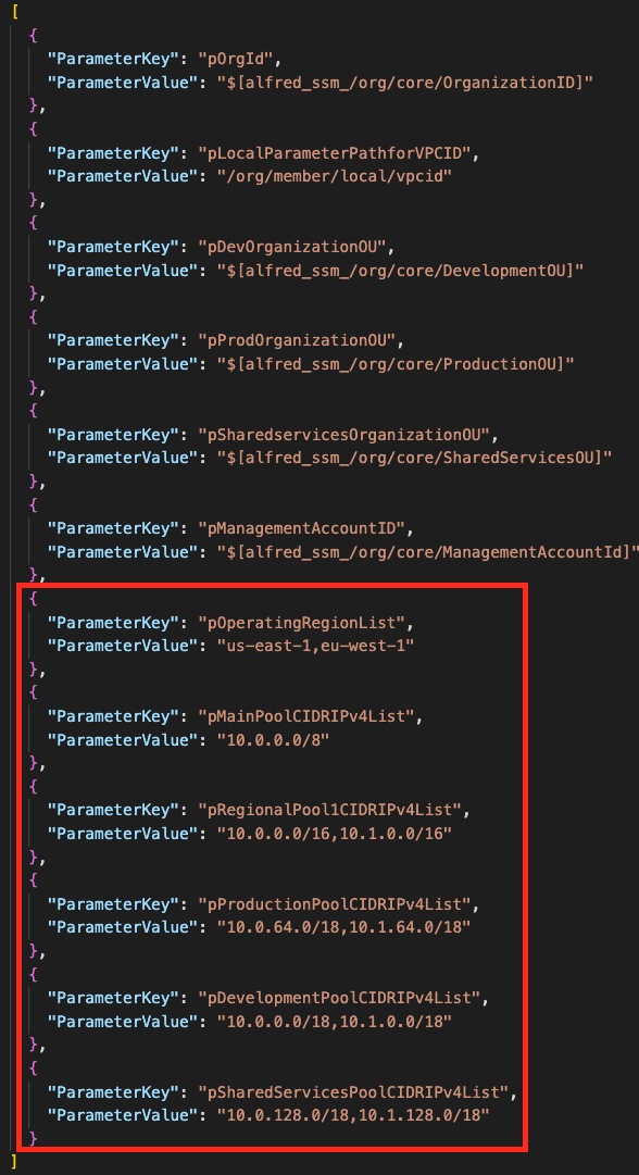 An IPAM networking-hub.json file that shows various parameters used for deployment