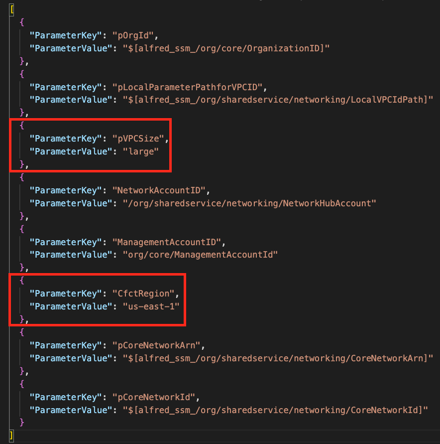 An example of changes in parameters for the vpc-automation-in-spoke.json file