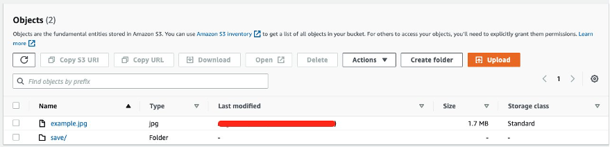 S3 console showing our example.jpg and save folder