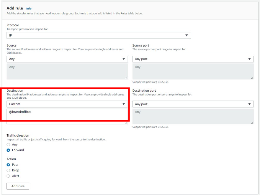 Referencing the newly-created IP set reference variable in the rule