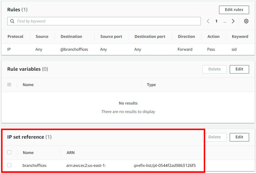 Viewing the IP set reference and prefix list in the stateful rule