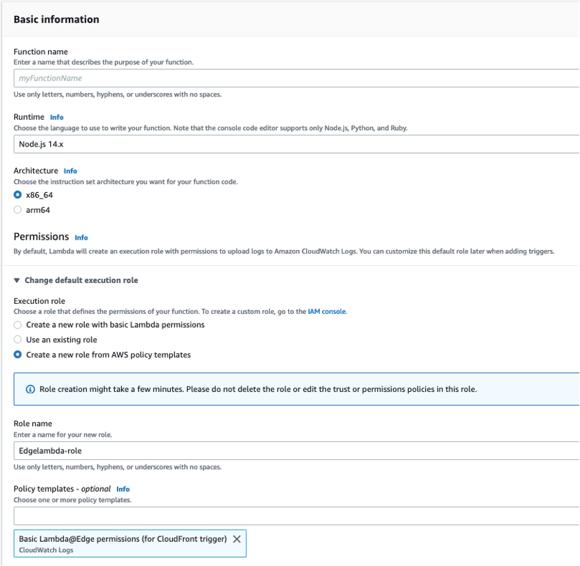 Screenshot showing the create function page with example values inserted