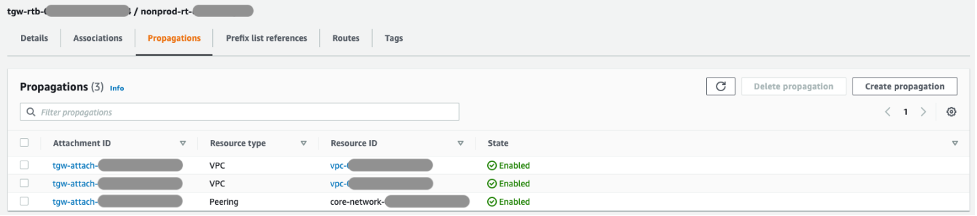 Transit Gateway NonProd route table propagations (us-east-1)