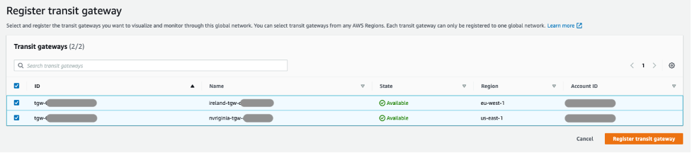 Registering Transit gateways to Network Manager