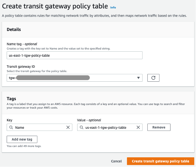 Creating Transit gateway policy table (in us-east-1)