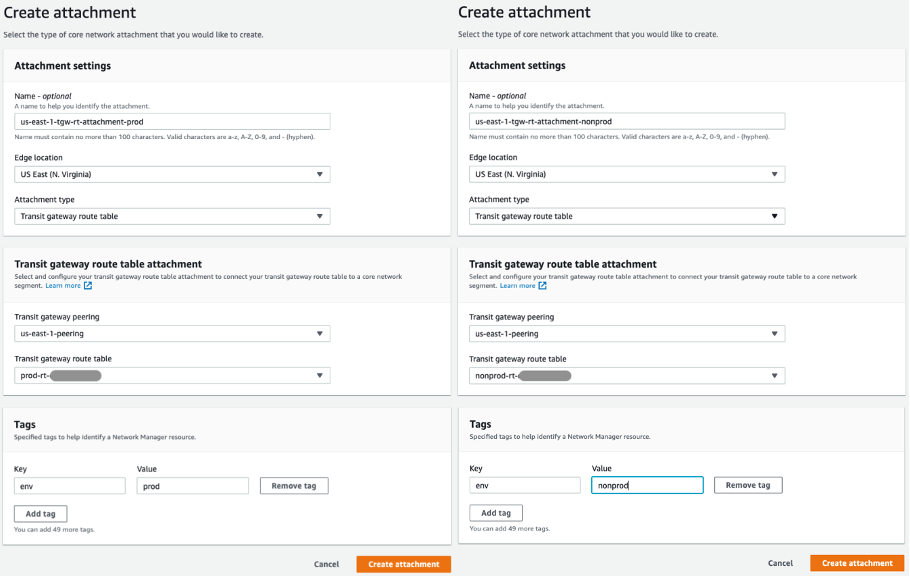 Creating Transit Gateway Route Table attachments (in us-east-1)
